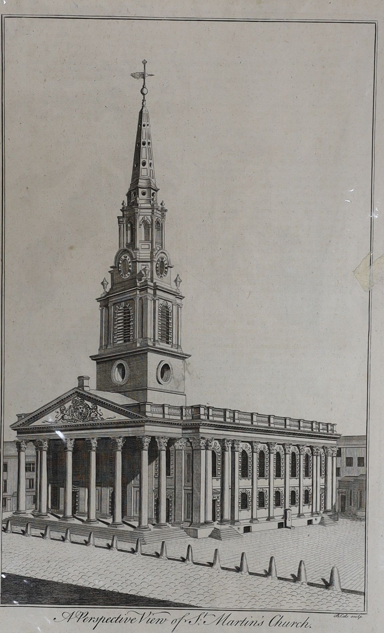 O.S. Sheldon, ink and watercolour, St Peter's Church, Brighton, initialled, 49 x 29cm, unframed and eight assorted 18th century engravings of London Churches